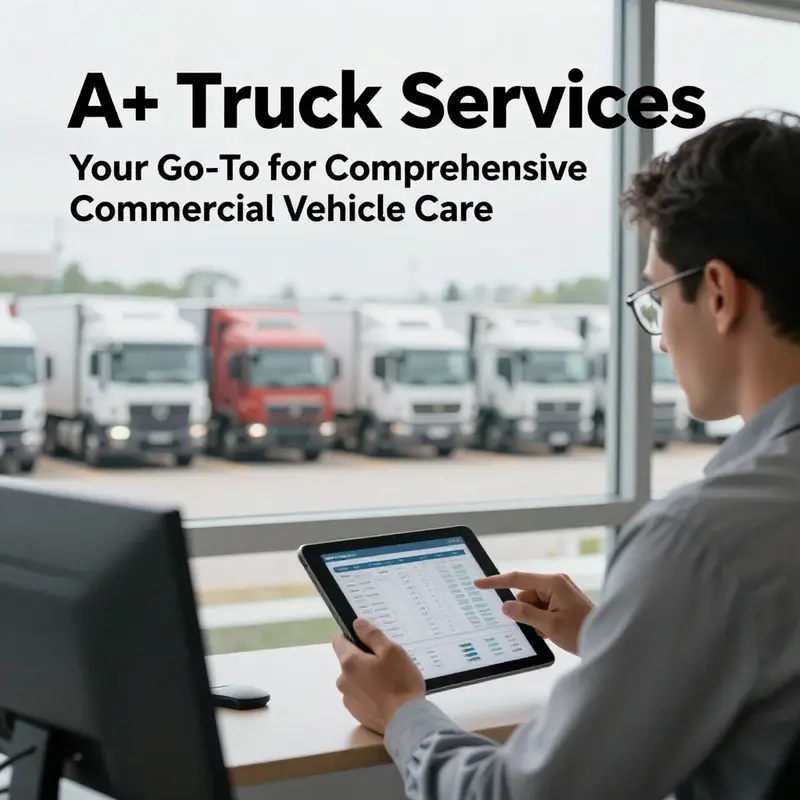 A mechanic diligently servicing a commercial truck at A+ Truck Services.