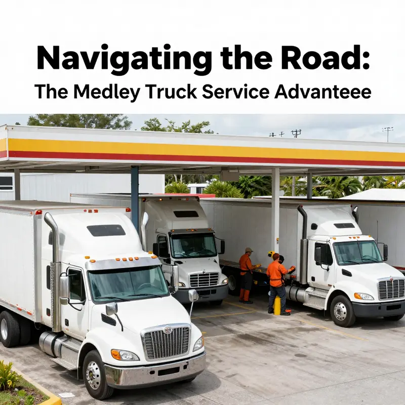 Mechanics at Medley Truck Service work on various trucks, showcasing comprehensive service capabilities.