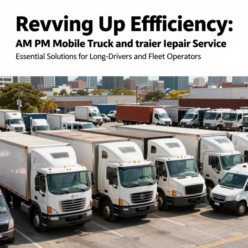 A vibrant scene of trucks parked in an urban environment with a mobile repair van, symbolizing the partnership between trucking and mobile repair services.