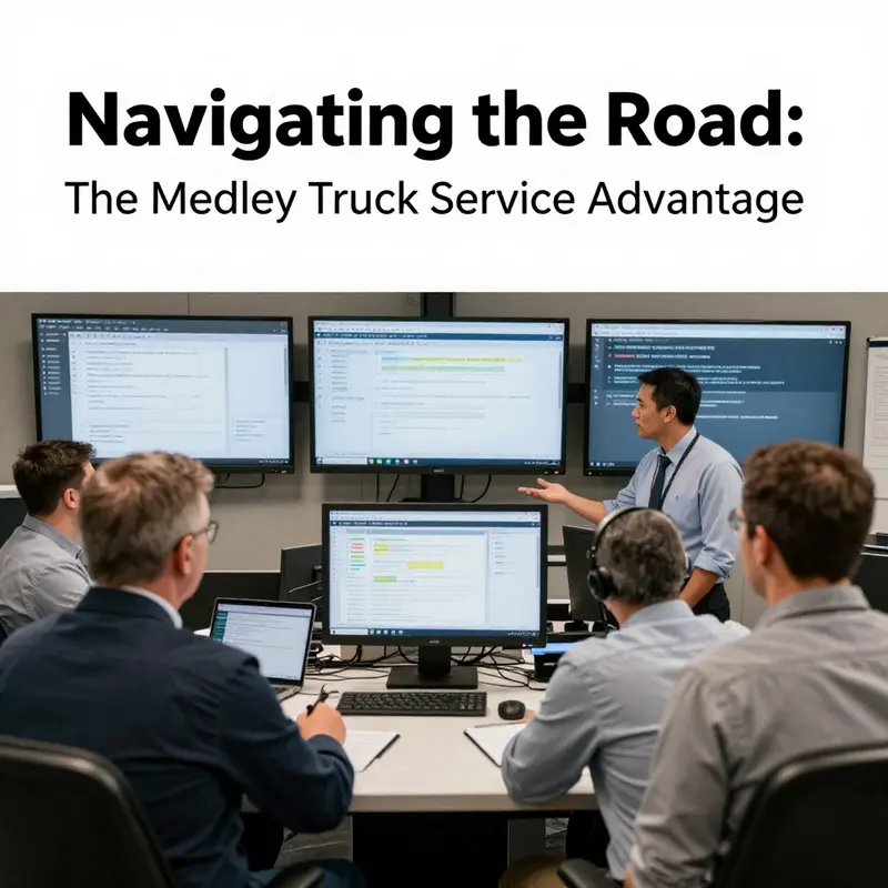 Mechanics at Medley Truck Service work on various trucks, showcasing comprehensive service capabilities.