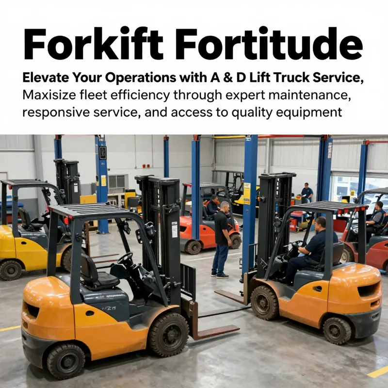 A view of a workshop showing technicians working on different types of forklifts at A & D Lift Truck Service.