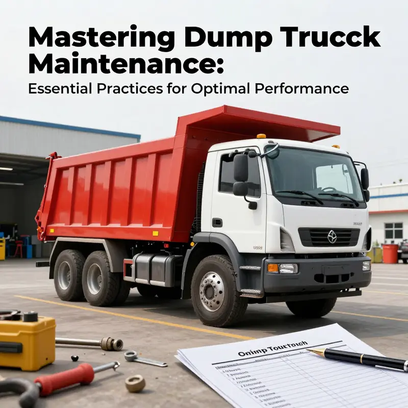 A parked dump truck in a service area, ready for maintenance with tools and a checklist nearby.