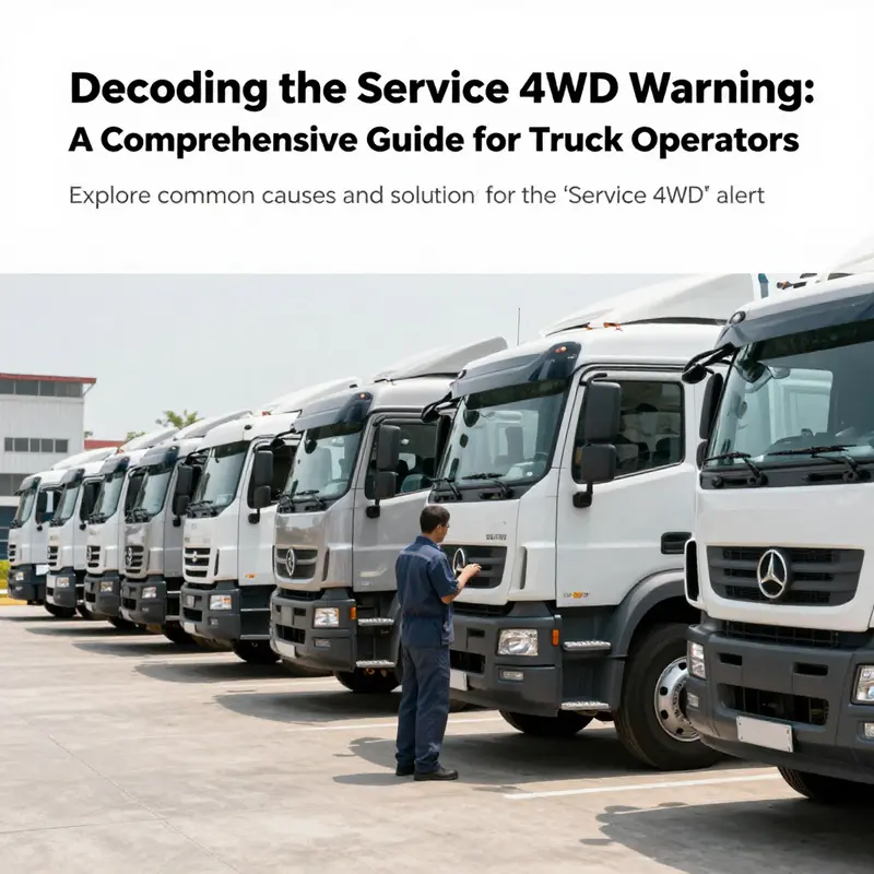 Several trucks parked in a maintenance yard, with a mechanic inspecting one truck focusing on its 4WD system.