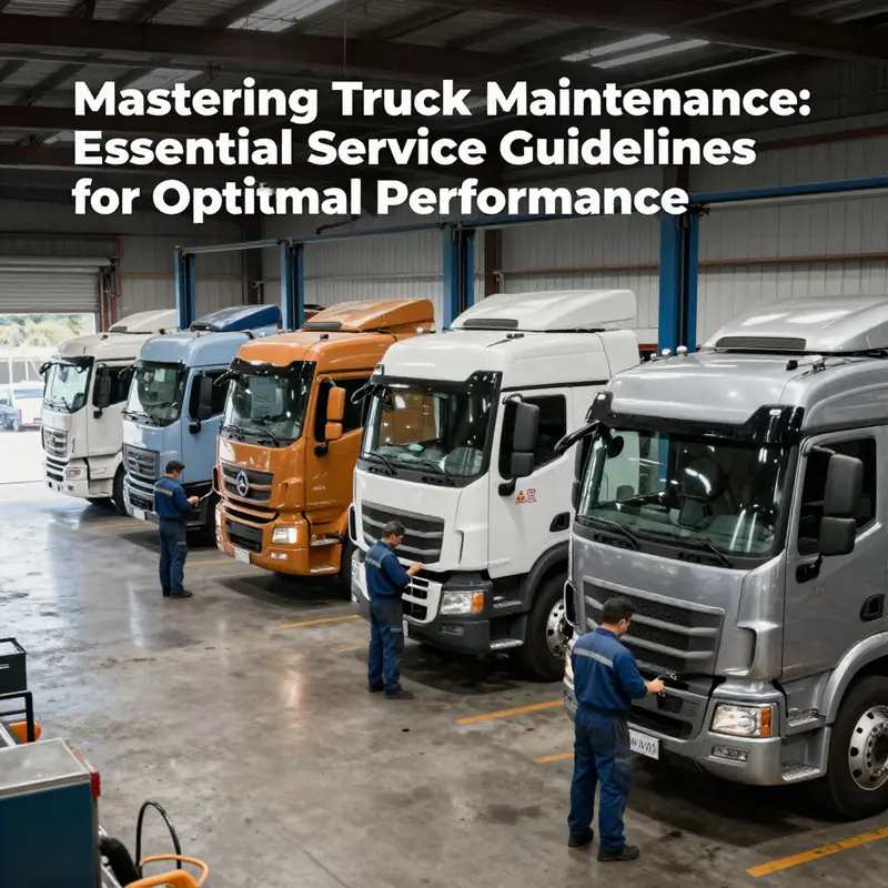 Multiple trucks being serviced by technicians in a maintenance facility, symbolizing the importance of truck servicing.