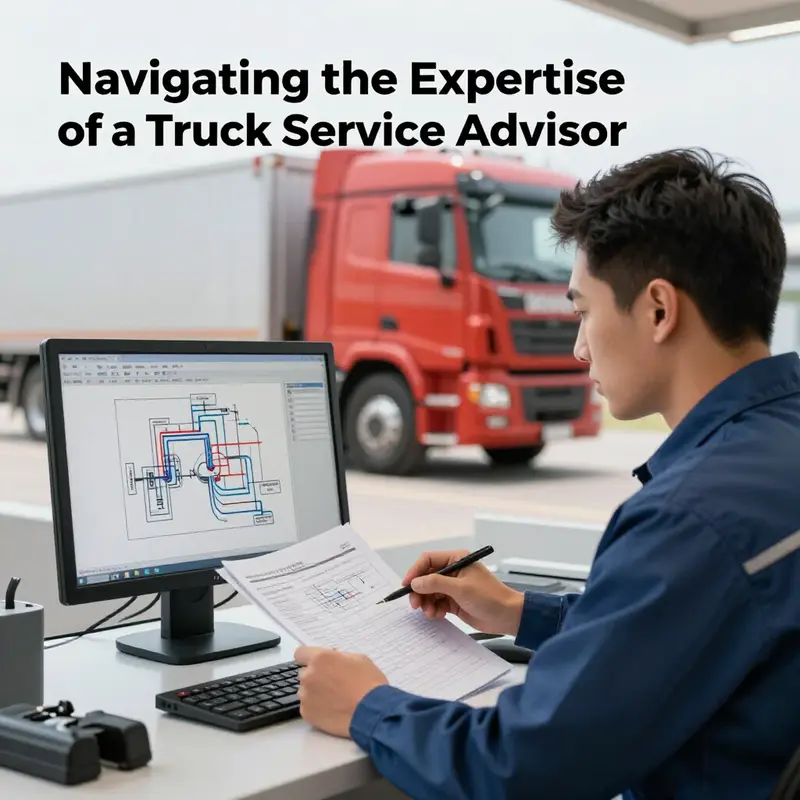 A truck service advisor communicates with a driver about maintenance needs.