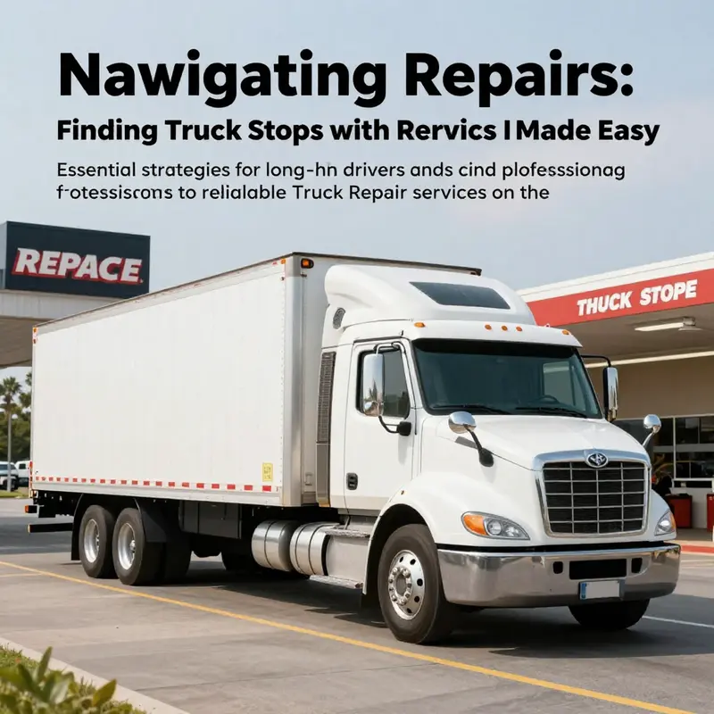 A truck parked at a truck stop featuring clear signage for repair services available.