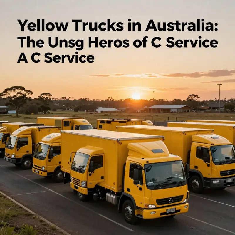 A picturesque scene showcasing a fleet of yellow service trucks on a highway, under the colors of an Australian sunset.
