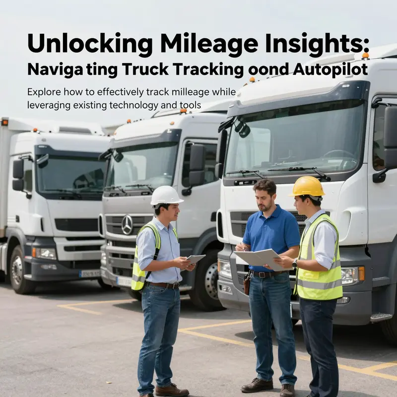A group of truck drivers and fleet managers in conversation about technology solutions for tracking truck mileage.