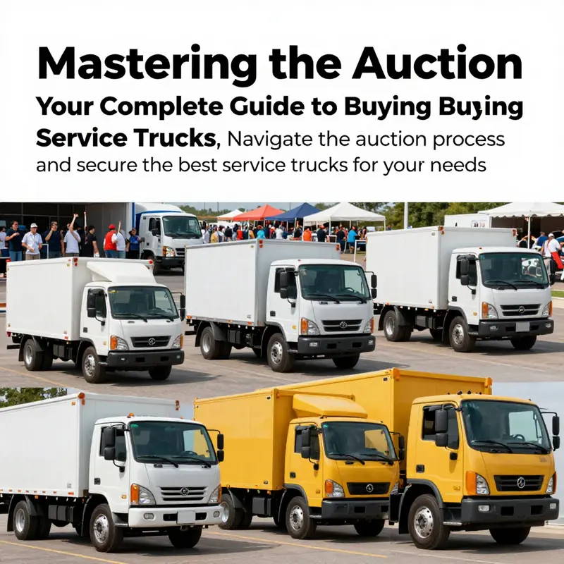 A dynamic image depicting an auction for service trucks with bidders and trucks.
