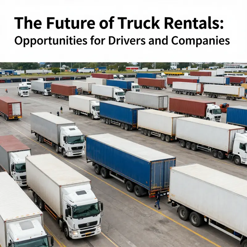 A busy logistics hub featuring various trucks to illustrate the truck rental service market.