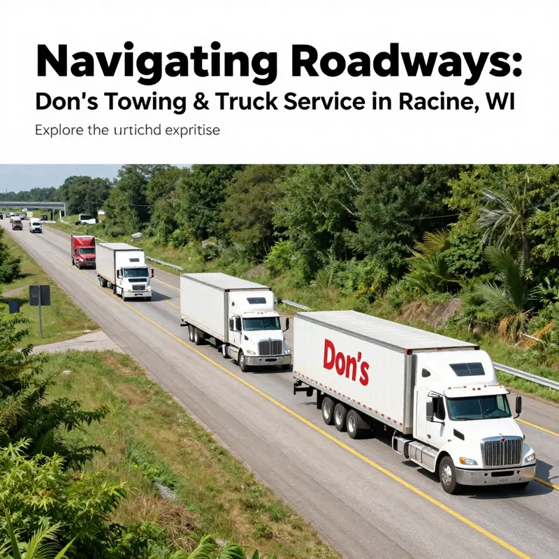 A wide view of Racine, WI with highways full of trucks and Don's Towing vehicles on standby for service.