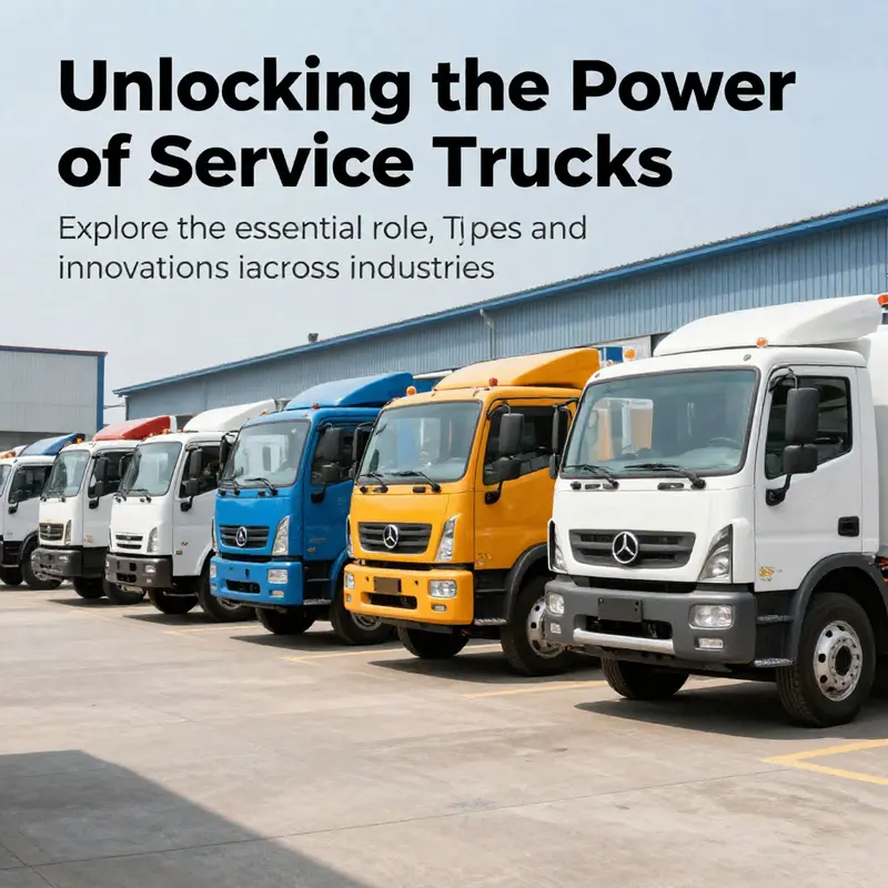 A service truck fleet displayed in front of an industrial facility, representing various models and capabilities in a professional setting.