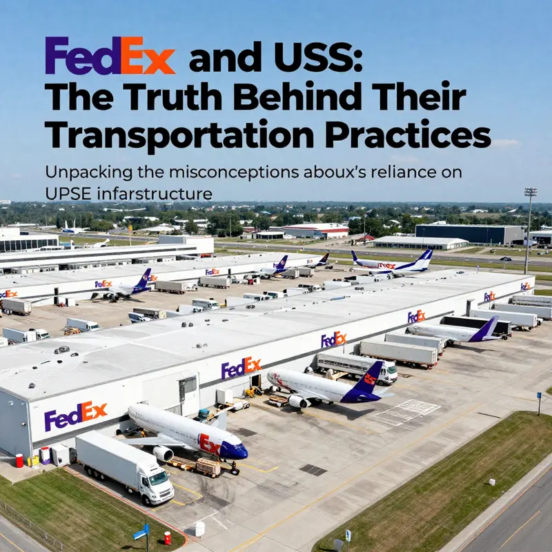 A panoramic view of a FedEx distribution center filled with loading trucks and aircraft in motion.