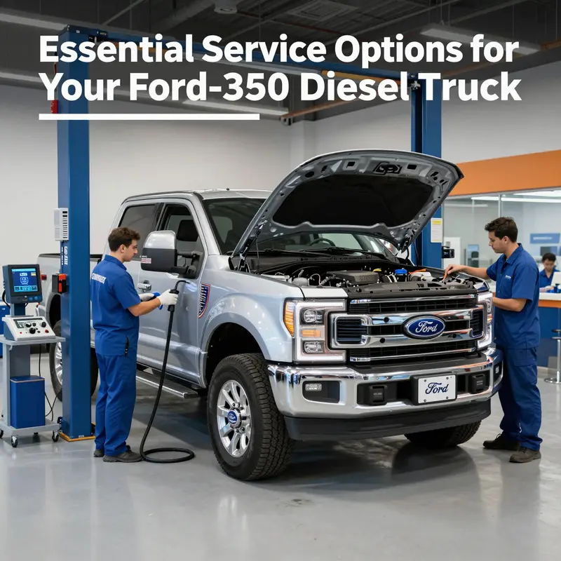 Professional technicians servicing a Ford F-350 diesel truck at an authorized dealership.