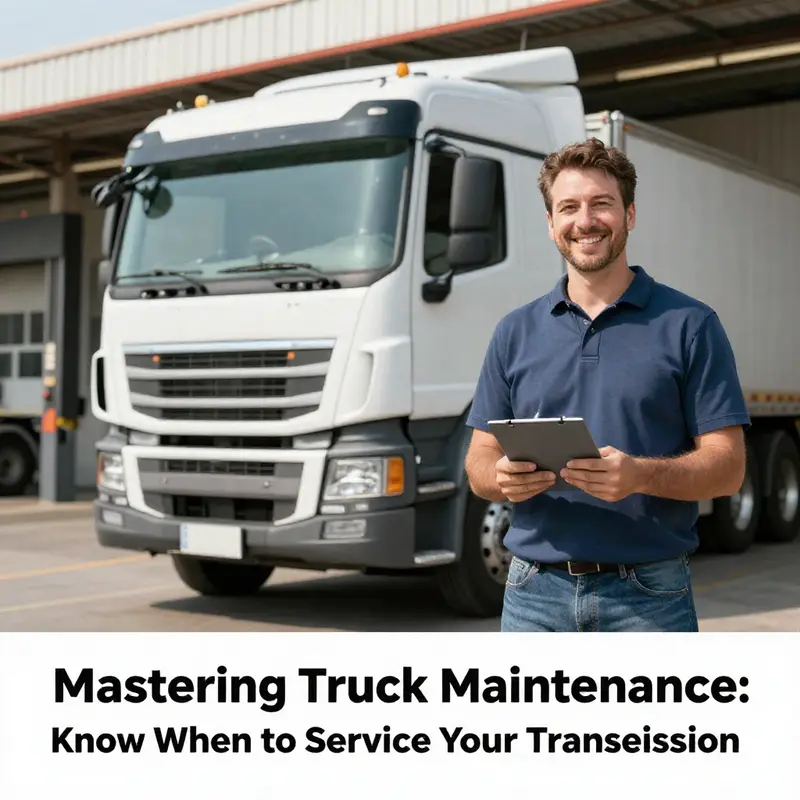 A heavy-duty truck transmission service in progress at a well-equipped mechanic workshop.
