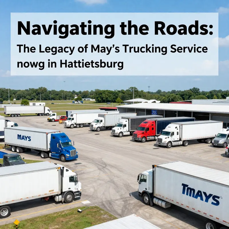 The main yard of May’s Trucking Service, showcasing the fleet ready for transport operations.