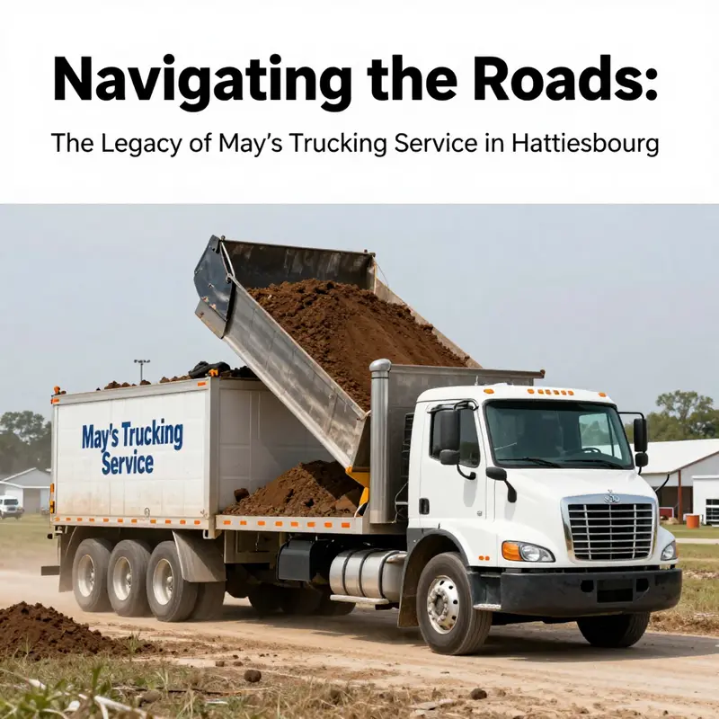 The main yard of May’s Trucking Service, showcasing the fleet ready for transport operations.