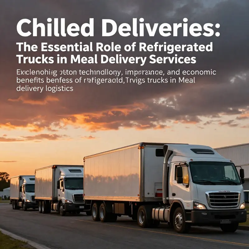 A fleet of refrigerated trucks parked against a sunset backdrop, illustrating their importance in transportation logistics for meal delivery services.
