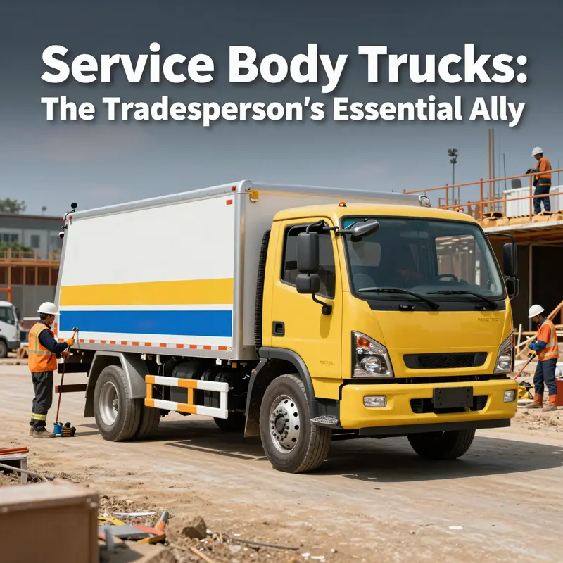 A service body truck in use on a construction site, surrounded by tradespeople.