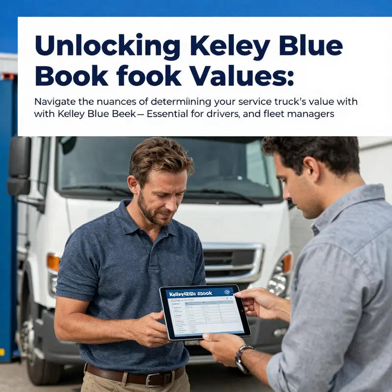 A photo displaying a truck driver and fleet manager discussing the Kelley Blue Book value of a service truck using a tablet.