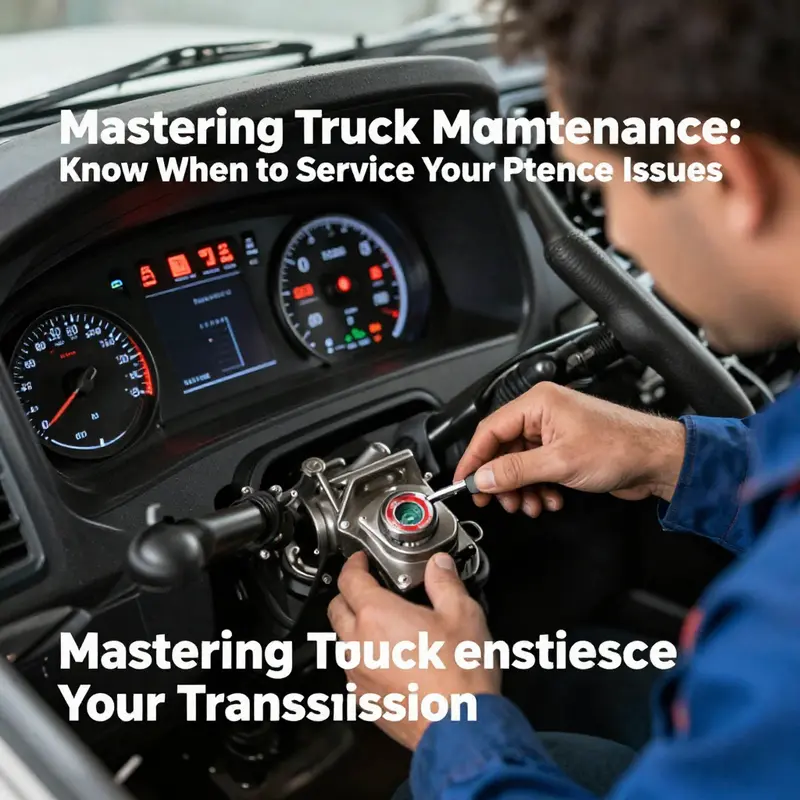 A heavy-duty truck transmission service in progress at a well-equipped mechanic workshop.