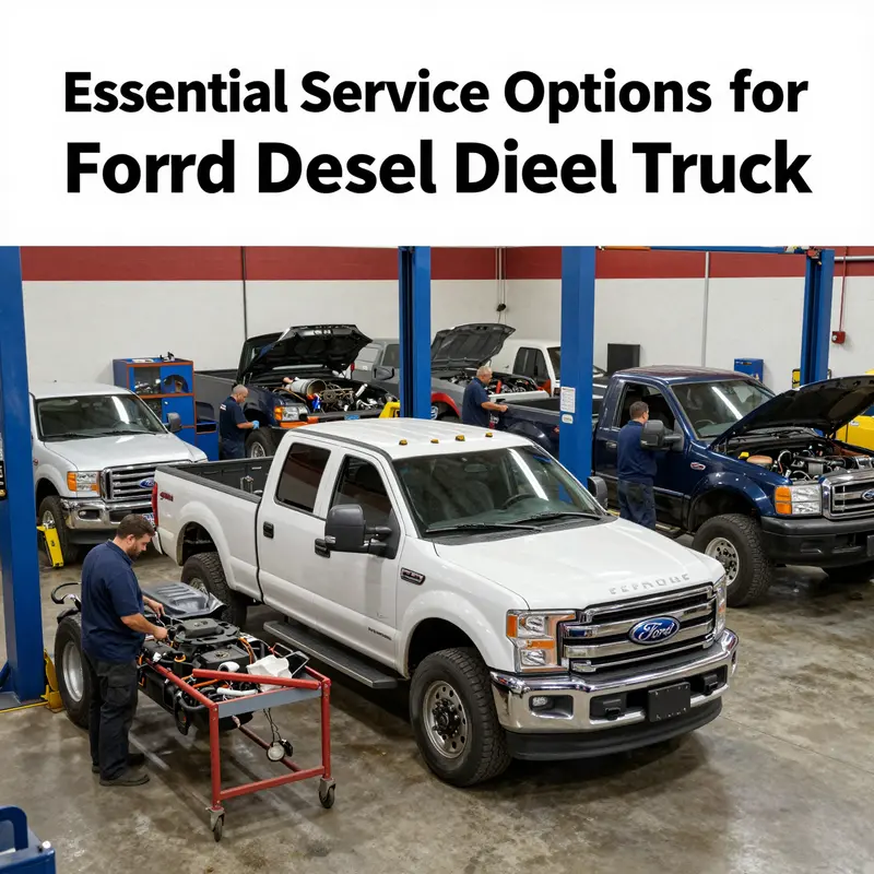 Professional technicians servicing a Ford F-350 diesel truck at an authorized dealership.