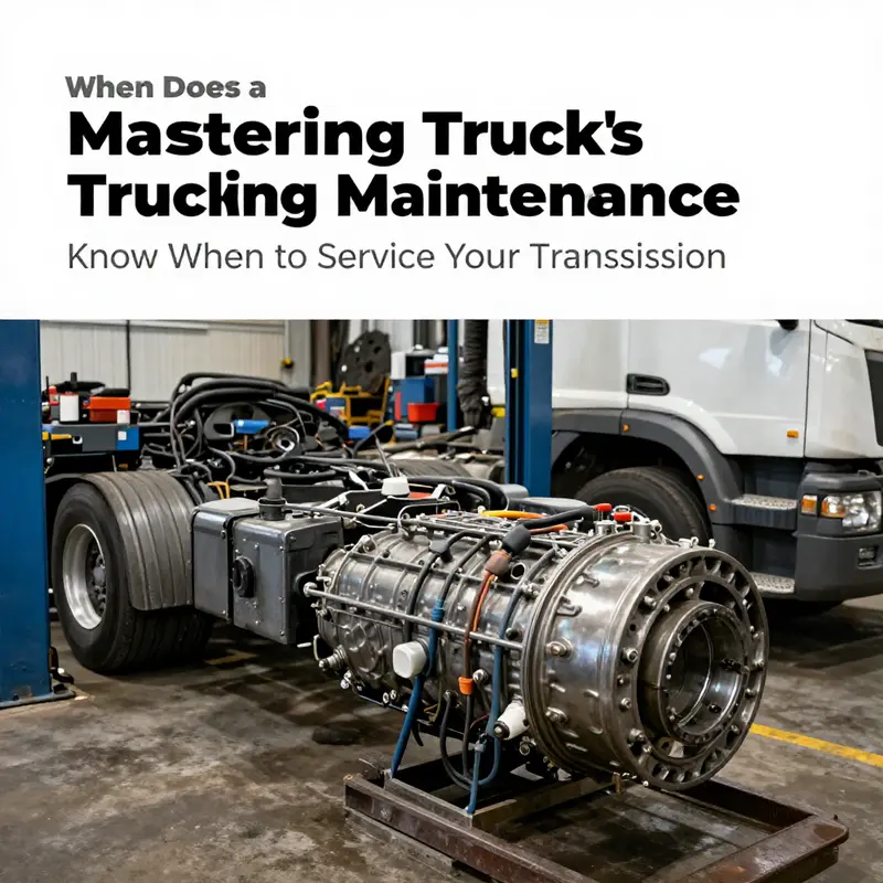 A heavy-duty truck transmission service in progress at a well-equipped mechanic workshop.