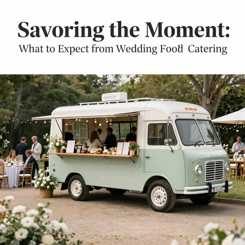 A beautifully decorated wedding food truck in an outdoor setting with guests enjoying the festivities.