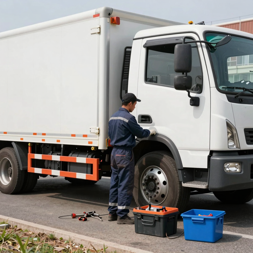 Mobile truck servicing in action, technician repairing a truck