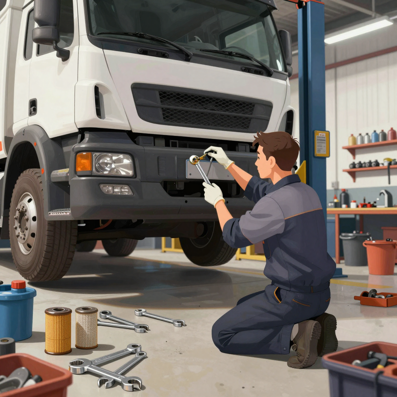 Technician performing maintenance on a truck