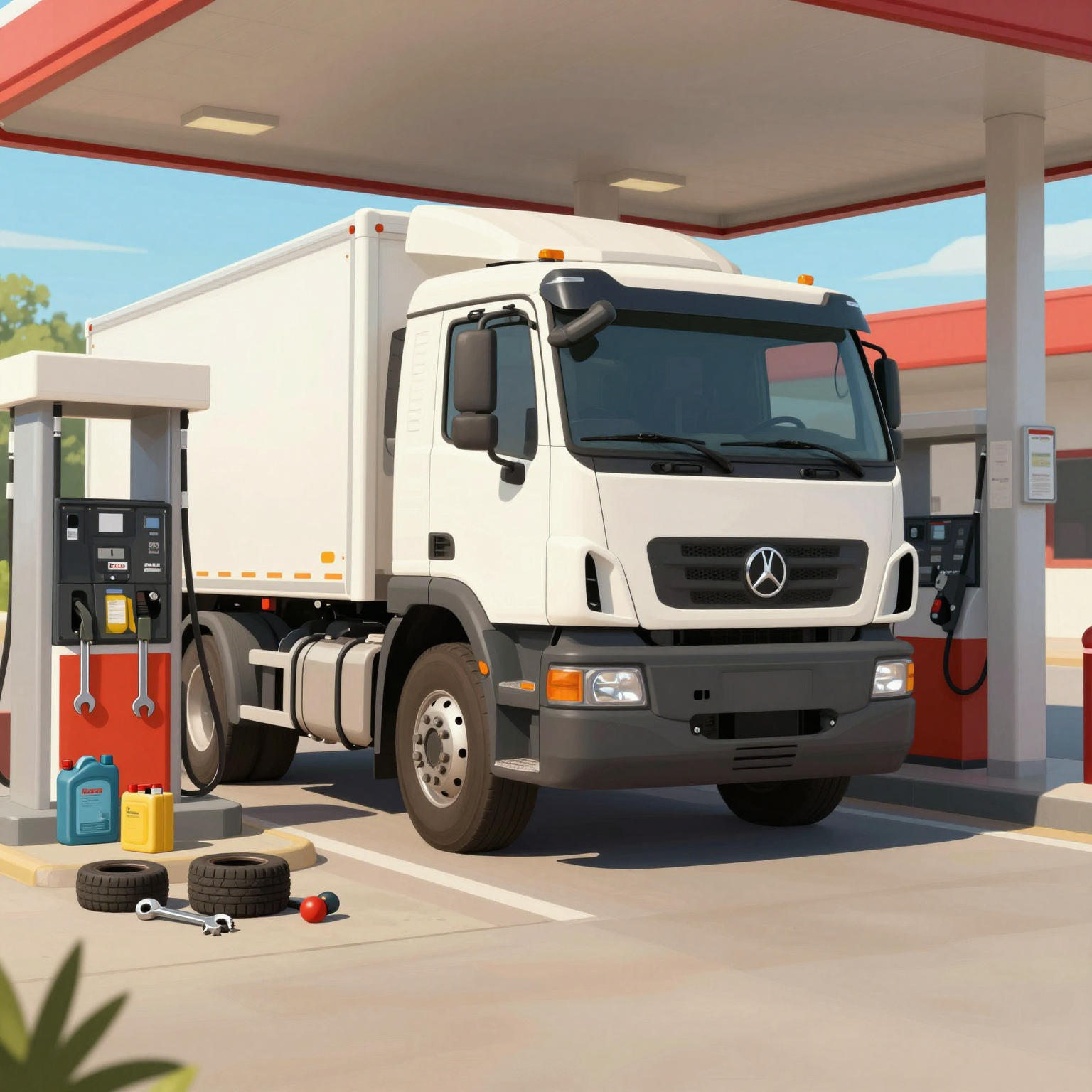 Illustration of a truck at a diesel station with service tools in the background