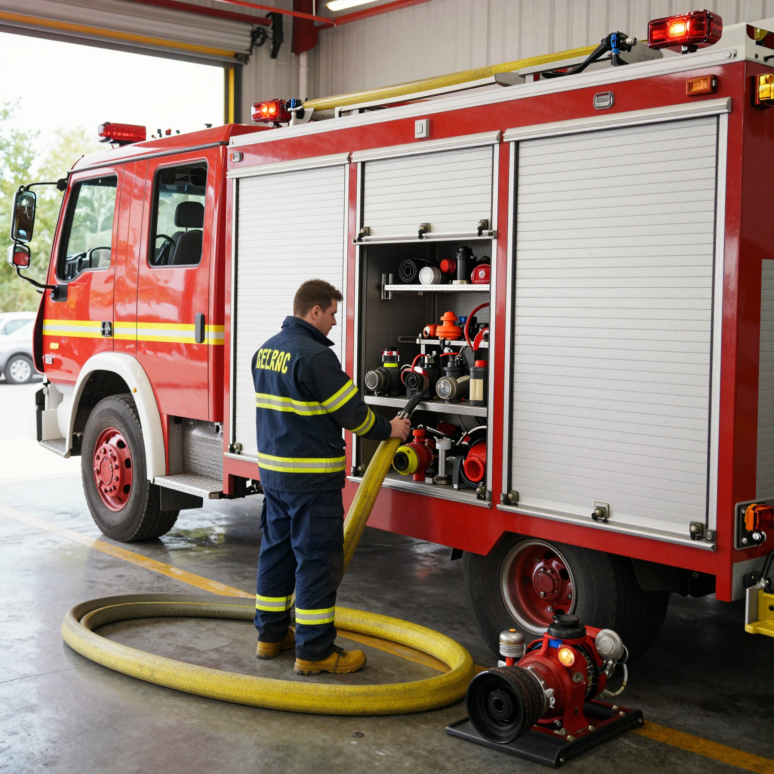 A professional fire truck undergoing a safety inspection.