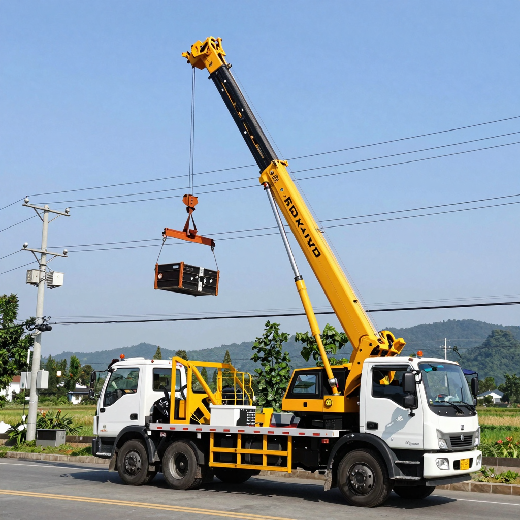Service truck crane in action lifting heavy equipment