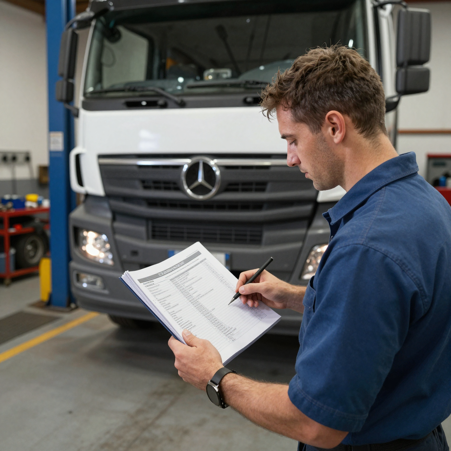 Daimler truck being serviced with a technician using a service manual