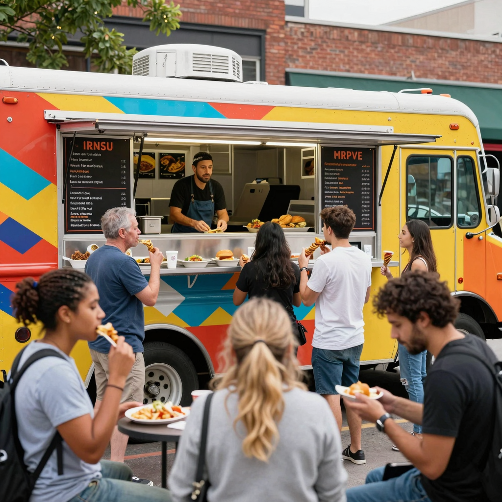 A vibrant food truck in action serving customers