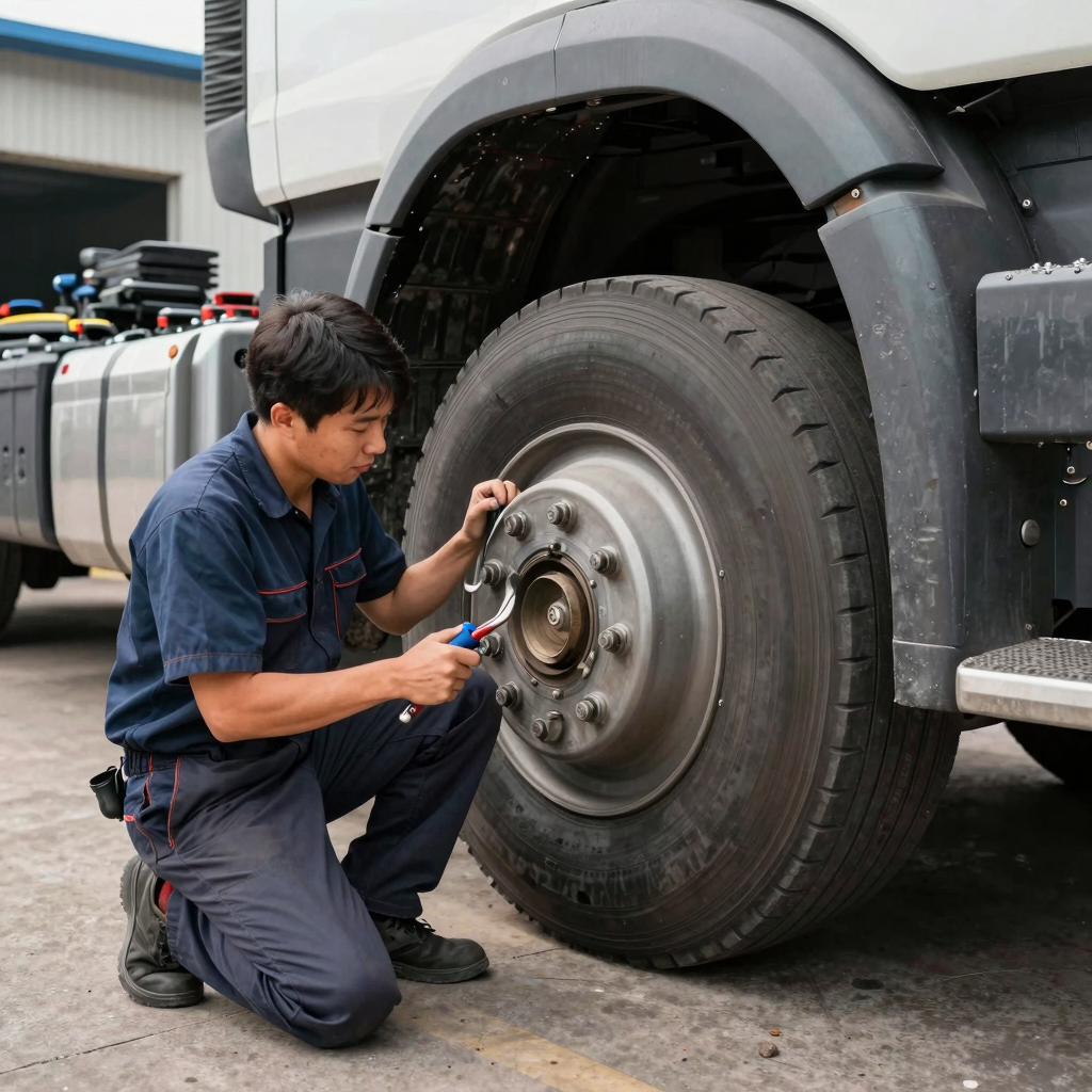 Technician inspecting truck service brakes