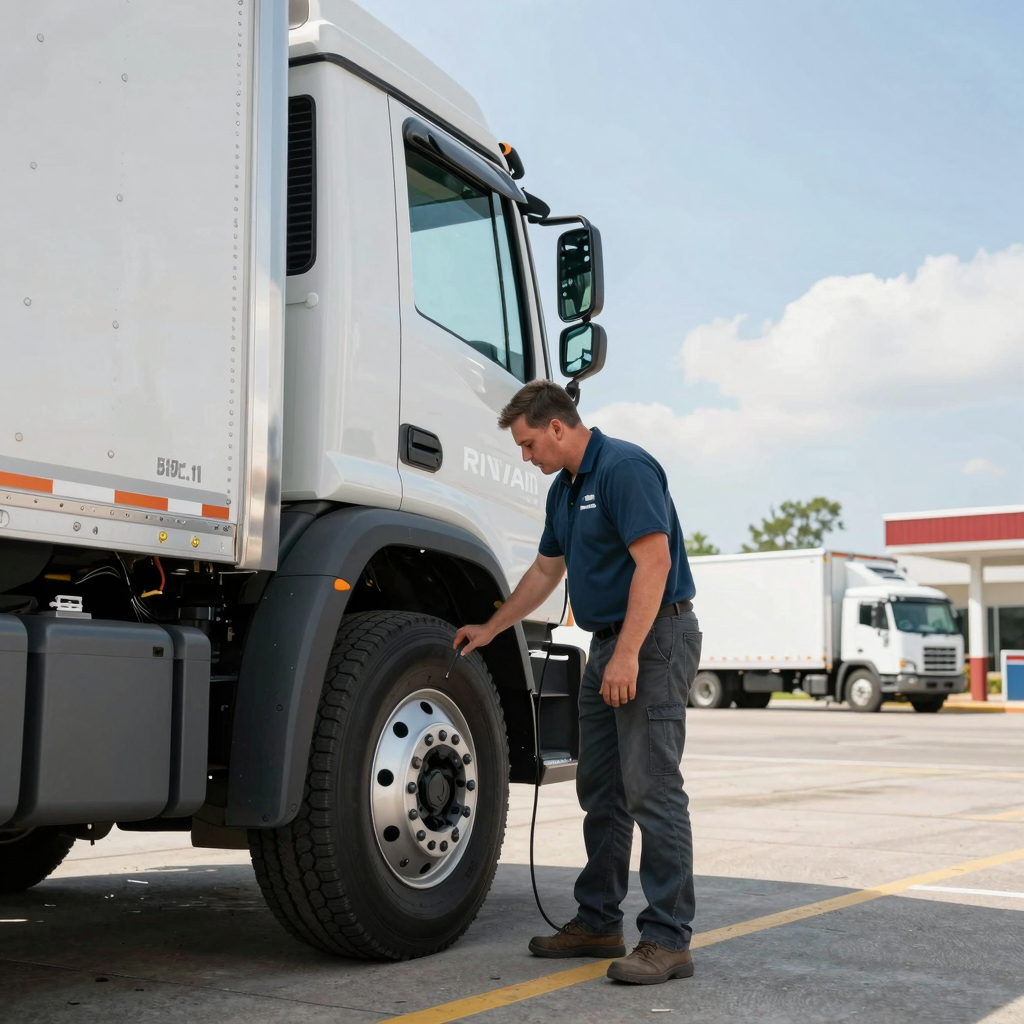 Driver maintaining Rivian Truck