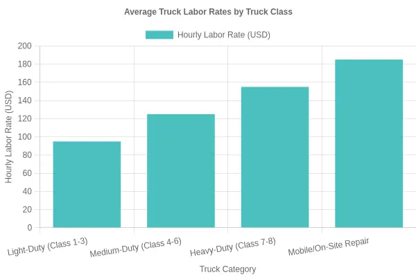 Bar chart titled 'Average Truck Labor Rates by Truck Class' showing hourly labor rates of $95 for Light-Duty (Class 1-3), $125 for Medium-Duty (Class 4-6), $155 for Heavy-Duty (Class 7-8), and $185 for Mobile/On-Site Repair