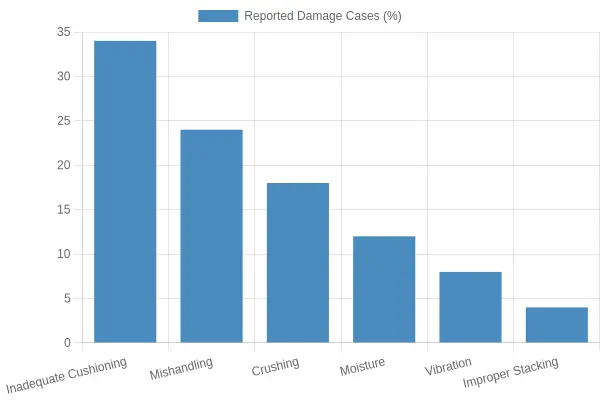 Bar chart showing the most common causes of motorcycle fairing damage during shipping, with inadequate cushioning and mishandling leading the list