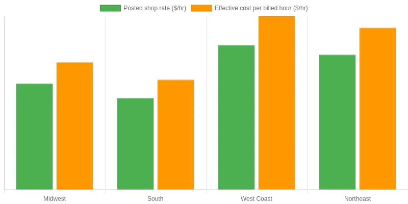 Grouped bar chart showing posted truck labor rates versus effective cost per billed hour across the Midwest, South, West Coast, and Northeast, illustrating how effective costs exceed posted rates.