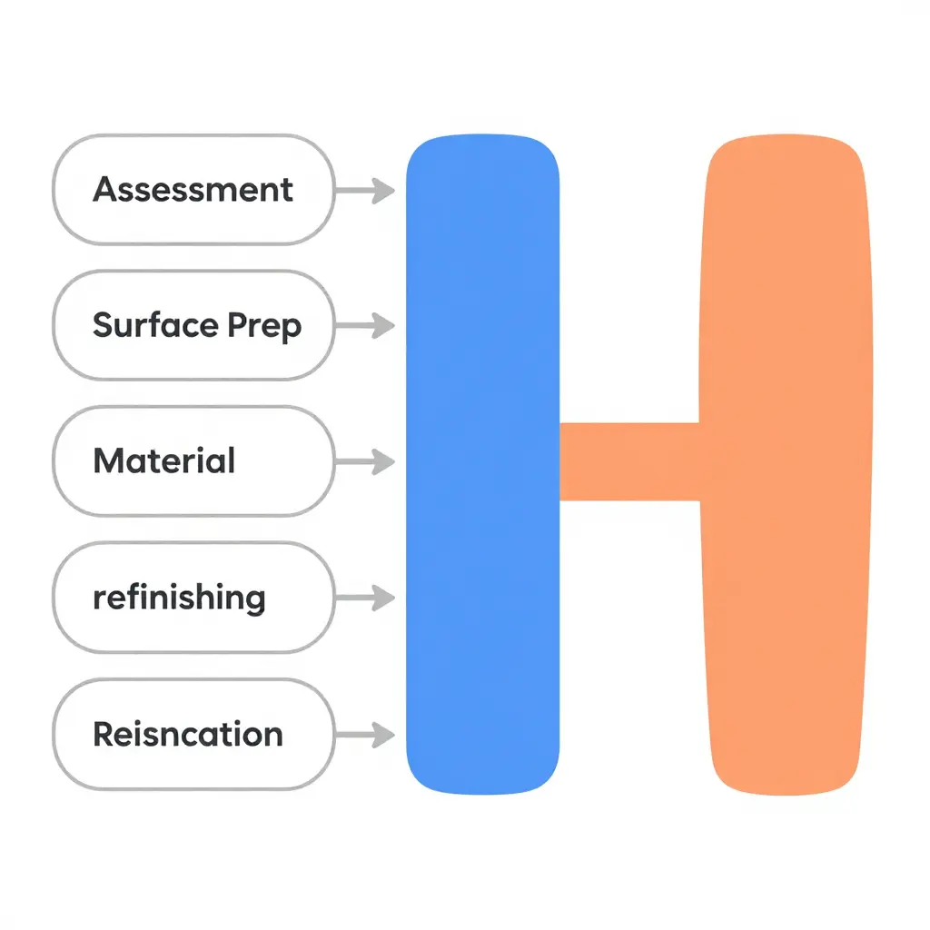 Minimal schematic flowchart showing the damaged fairing repair workflow, with a shared ABS and fiberglass sequence that splits into two parallel colored branches before merging for final refinishing and reinstallation