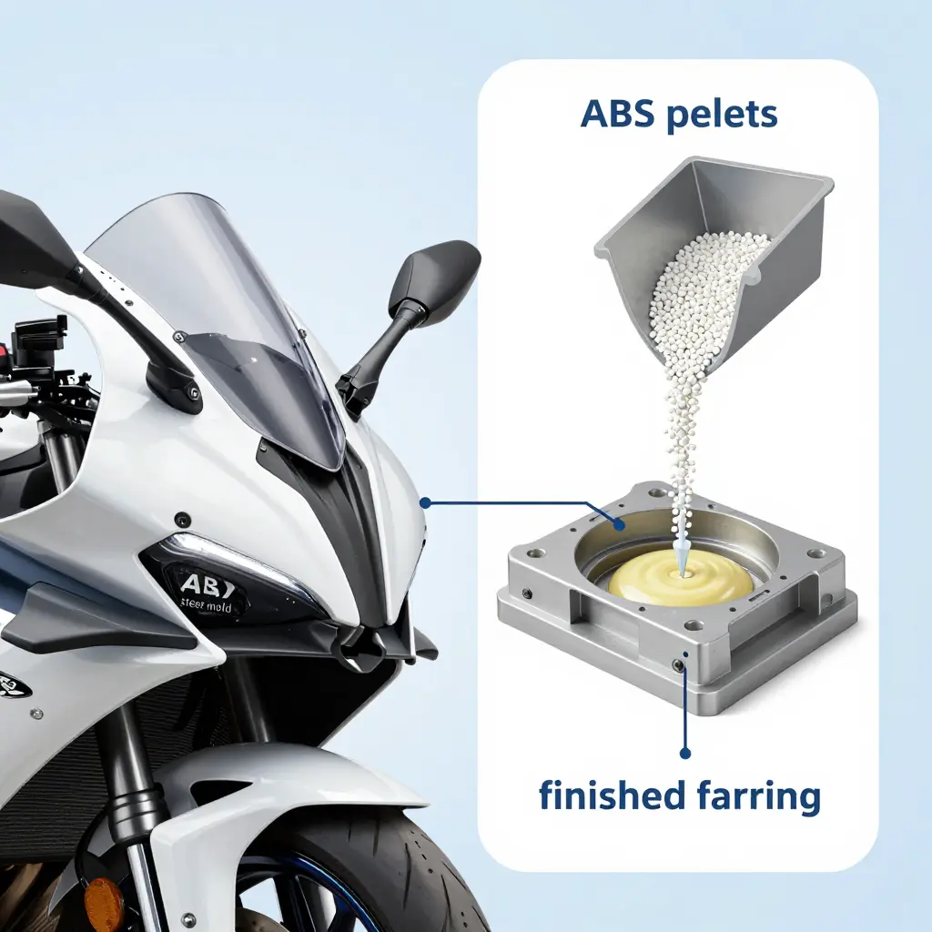 A sport motorcycle with glossy ABS plastic fairings beside an inset diagram of the injection molding process