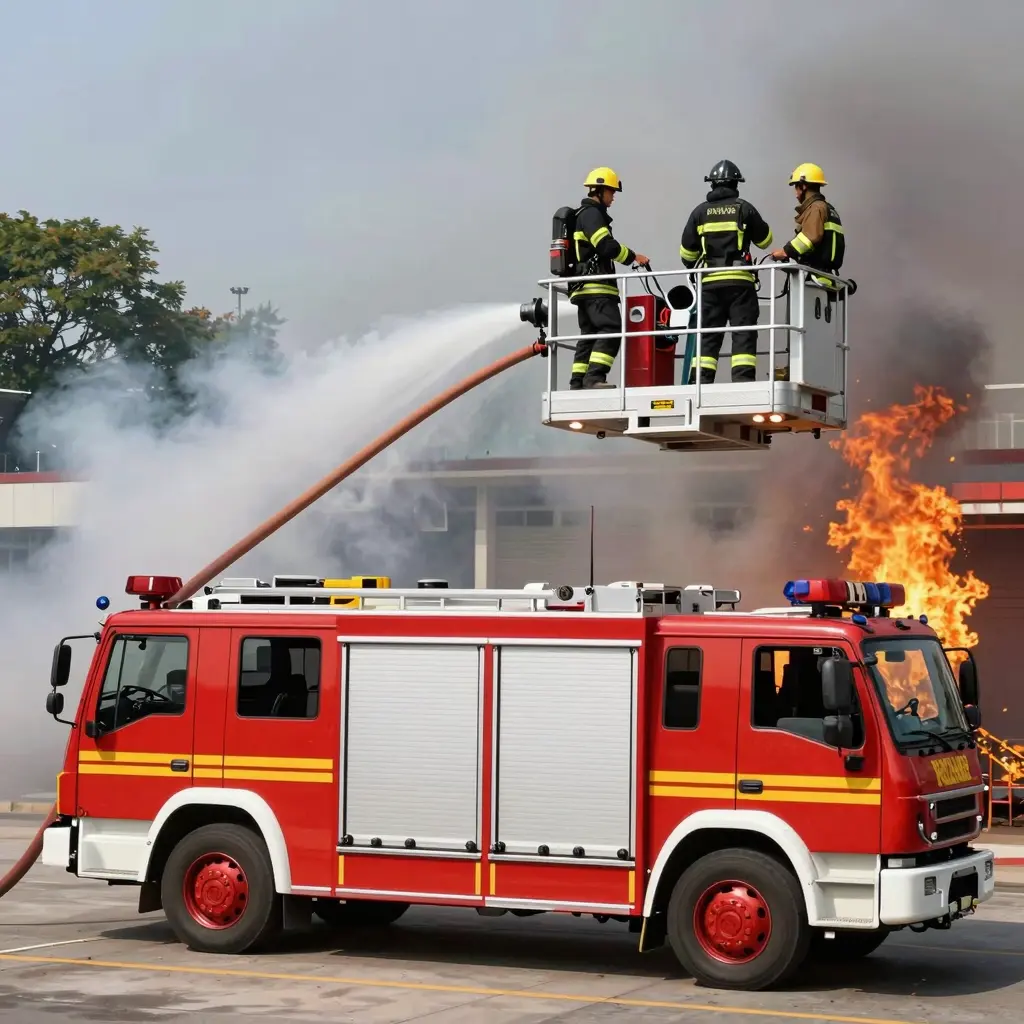 Aerial platform fire truck in action during firefighting scenario