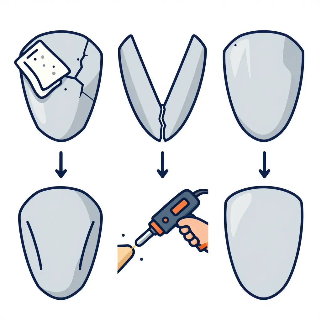 Four step flat schematic diagram showing the plastic welding repair process for a cracked motorcycle fairing