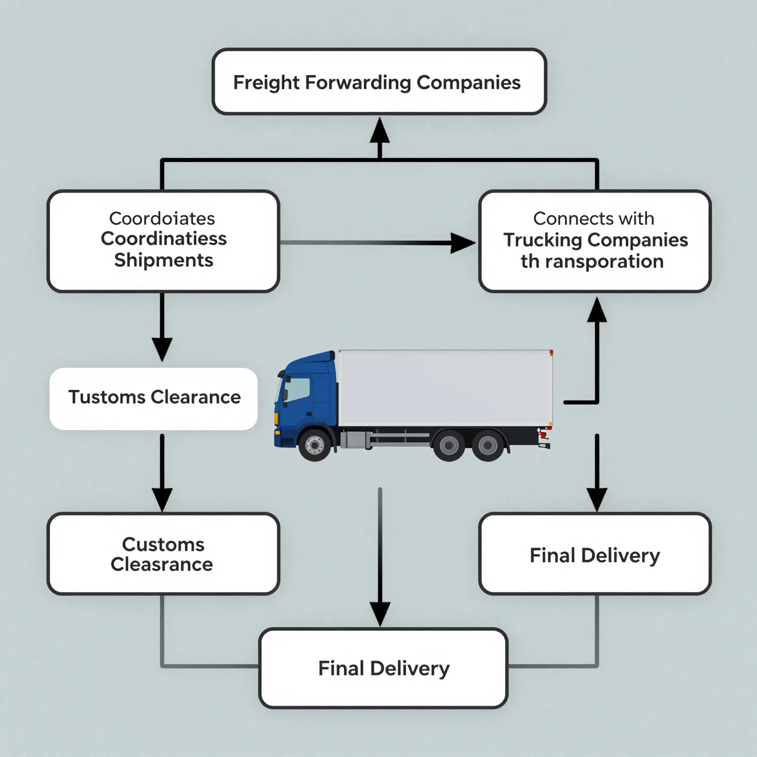 Flowchart illustrating the relationship between freight forwarding companies and trucking services