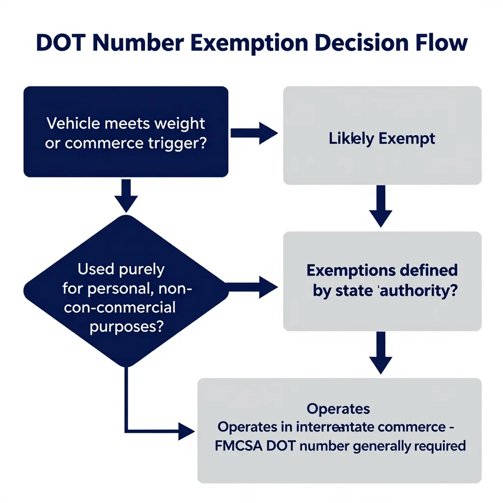 DOT number exemption decision flow showing personal use, intrastate, and interstate commerce outcomes