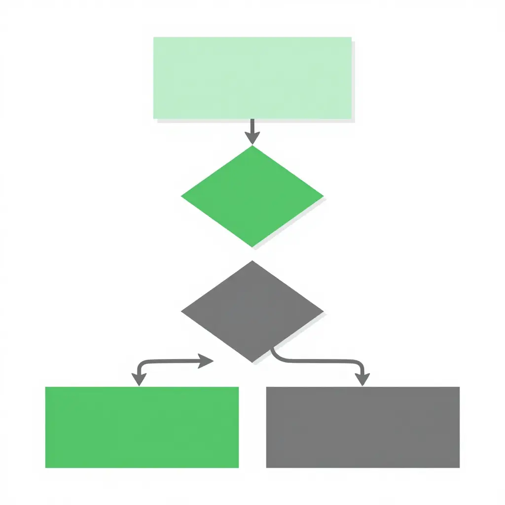Minimalist 2D decision-flow diagram showing the step-by-step logic for determining whether a service truck needs a USDOT number: starting at commercial use, passing through a weight check diamond, a state-line check diamond, and branching into a green (required) or gray (not required) outcome.