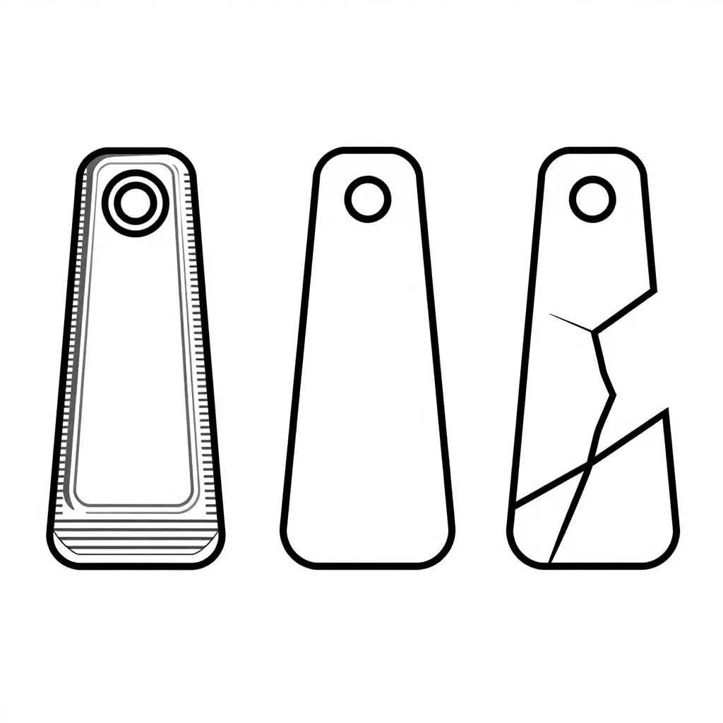 Technical line diagram comparing three fairing mounting tabs side by side: a reinforced OEM tab with ribbing and gussets, a standard thin aftermarket tab with a single hole, and a broken tab with a jagged stress crack near the mounting hole