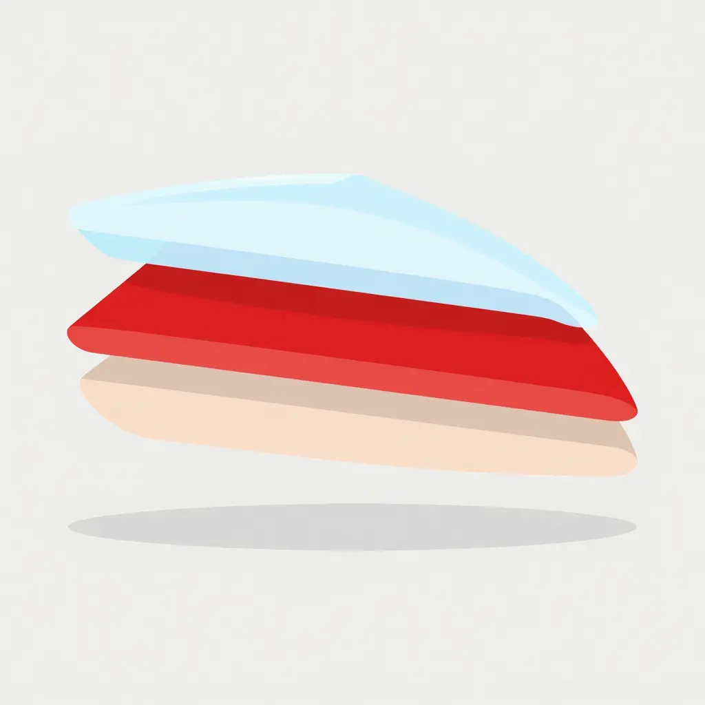 Cross-section diagram of the three paint layers on a motorcycle fairing: base coat, color coat, and clear coat stacked vertically.