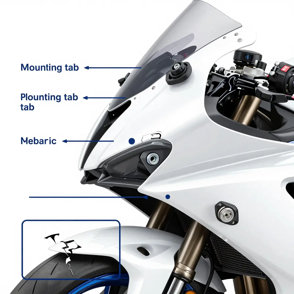 Diagram showing motorcycle fairing mounting tabs, clips, and a broken tab causing panel misalignment